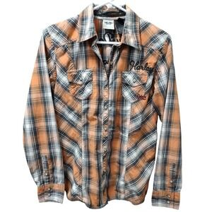 Harley‎ Davidson Womens Orange Black Plaid Embroidered Long Sleeve Shirt M